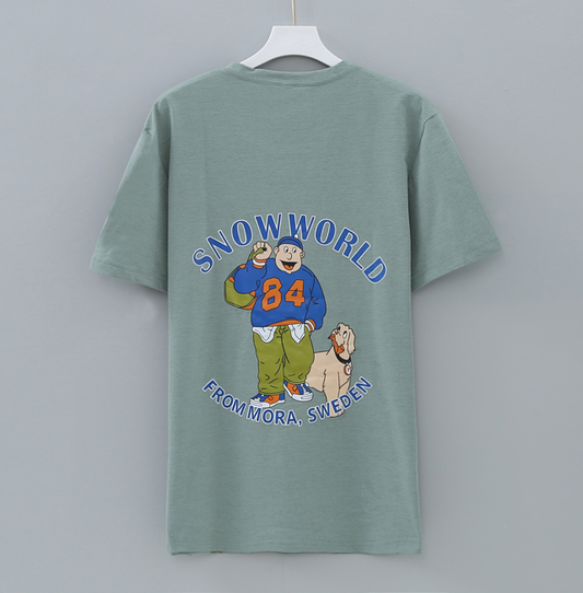 เสื้อยืดกันยุง เสื้อยืดสุดเท่ สีเขียว สีเขียวอ่อน ลายการ์ตูน SNOWWORLD ราคาส่ง ผ้าคอตตอนแท้ ป้องกันยุง มีกลิ่นมิ้นต์ ไล่ยุงได้ ใส่สบายระบายอากาศ ลายสกรีนคมชัด แห้งไว